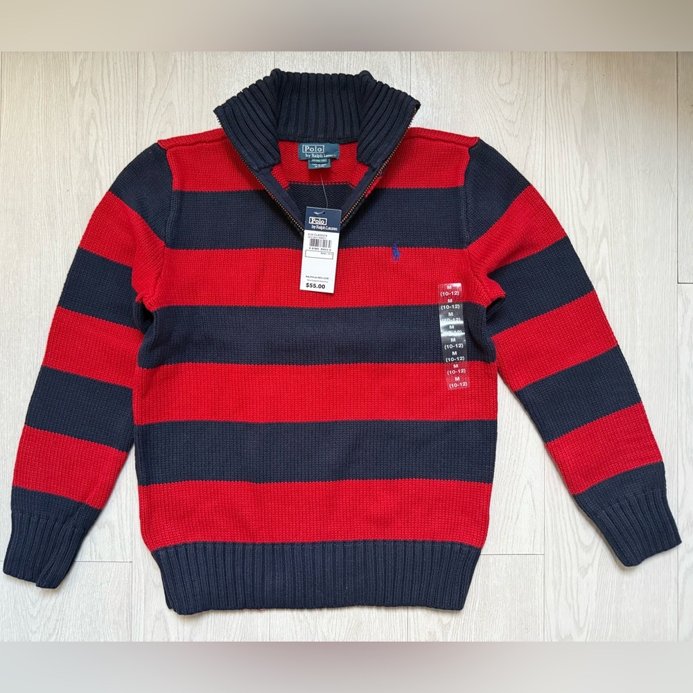 NEW! Polo Ralph Lauren Red & Navy Striped 1/4 Zip Sweater! NEW + TAGS! Sz 10-12